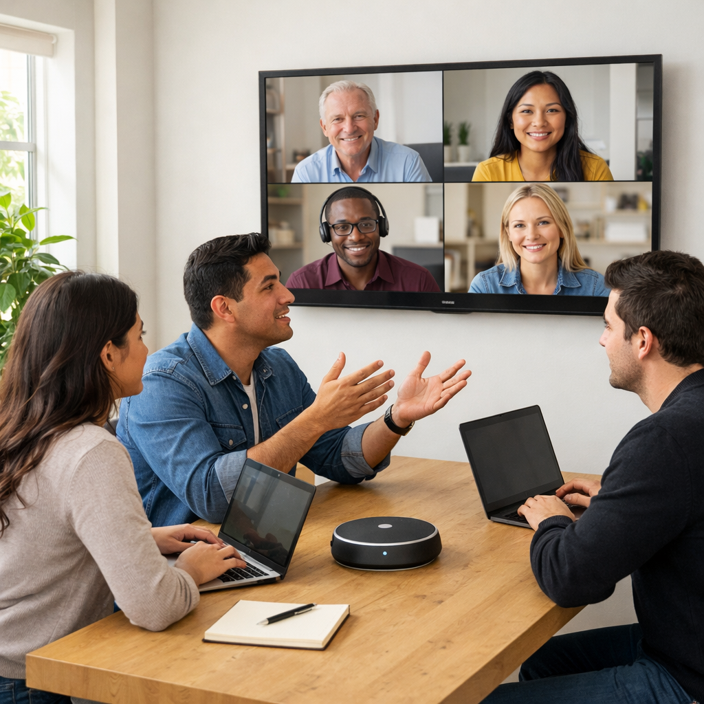 Virtual Conference Call Minimalist Office with Diverse Participants-1