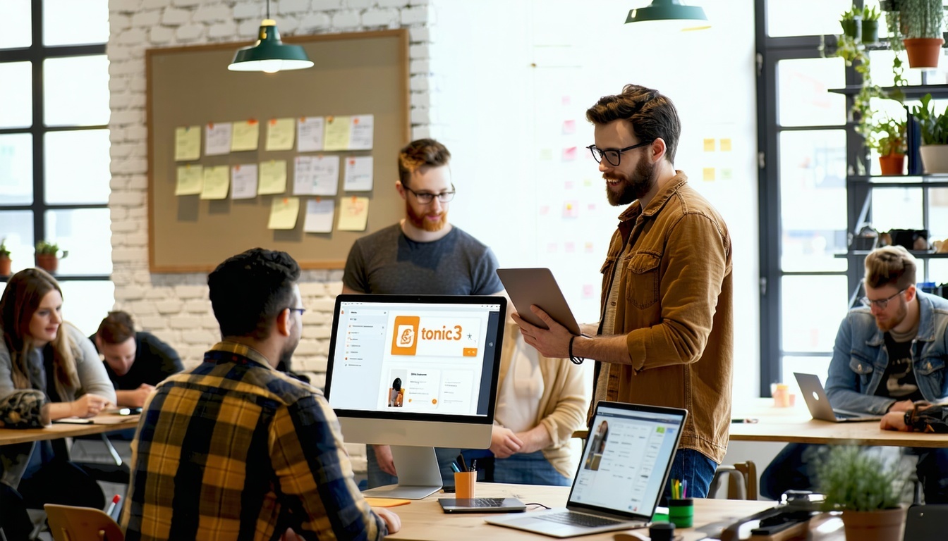 A team of hipster design and developers in a room