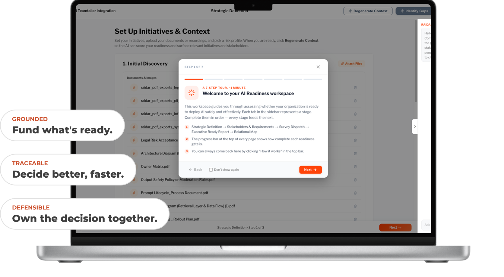 RAIDAR dashboard showing an AI readiness executive report with scores and initiatives